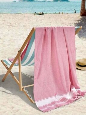 Lane Linen Turkish Beach Towel - Pink White Striped - Oversized 36.5W x70L EUC